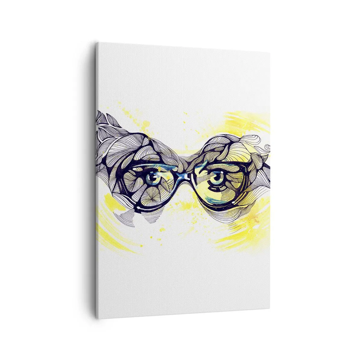 Obraz na płótnie - Rysunek okularów z oczami w roli głównej, z elementami roślinnymi - 50x70cm - Przez błękitne okulary - Nowoczesna dekoracja ścienna do salonu, kuchni i sypialni ARTTOR