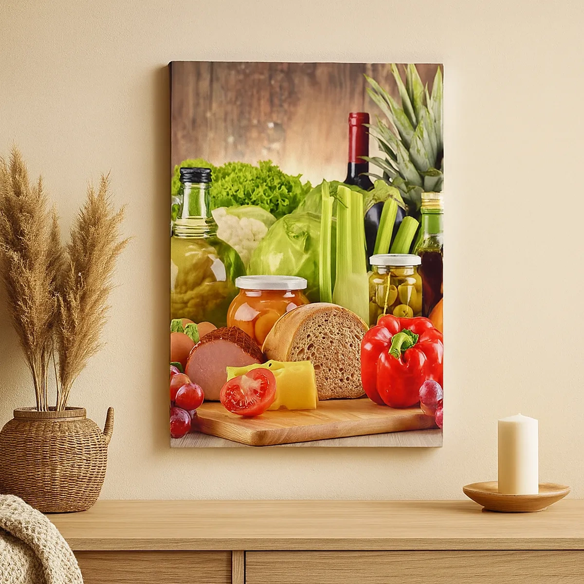 Obraz na płótnie - Kompozycja świeżych warzyw, owoców i produktów spożywczych - 50x70cm - Wędzone, pieczone, marynowane - Nowoczesna dekoracja ścienna do salonu, kuchni i sypialni ARTTOR