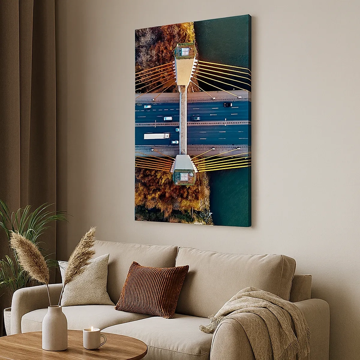 Obraz na płótnie - Widok z lotu ptaka na most wiszący nad rzeką - 50x70cm - ZA wodami, za lasami - Nowoczesna dekoracja ścienna do salonu, kuchni i sypialni ARTTOR