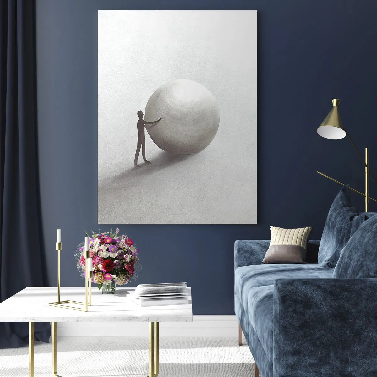 Obraz na szkle - Minimalistyczna sylwetka człowieka z dużą kulą na jasnym tle - 50x70cm - Gra życia - Nowoczesna dekoracja ścienna do salonu, kuchni i sypialni ARTTOR