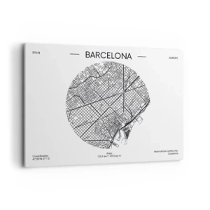 Obraz na płótnie - Mapa Barcelony w minimalistycznym, czarno-białym stylu - 100x70cm - Anatomia Barcelony - Nowoczesna dekoracja ścienna do salonu, kuchni i sypialni ARTTOR