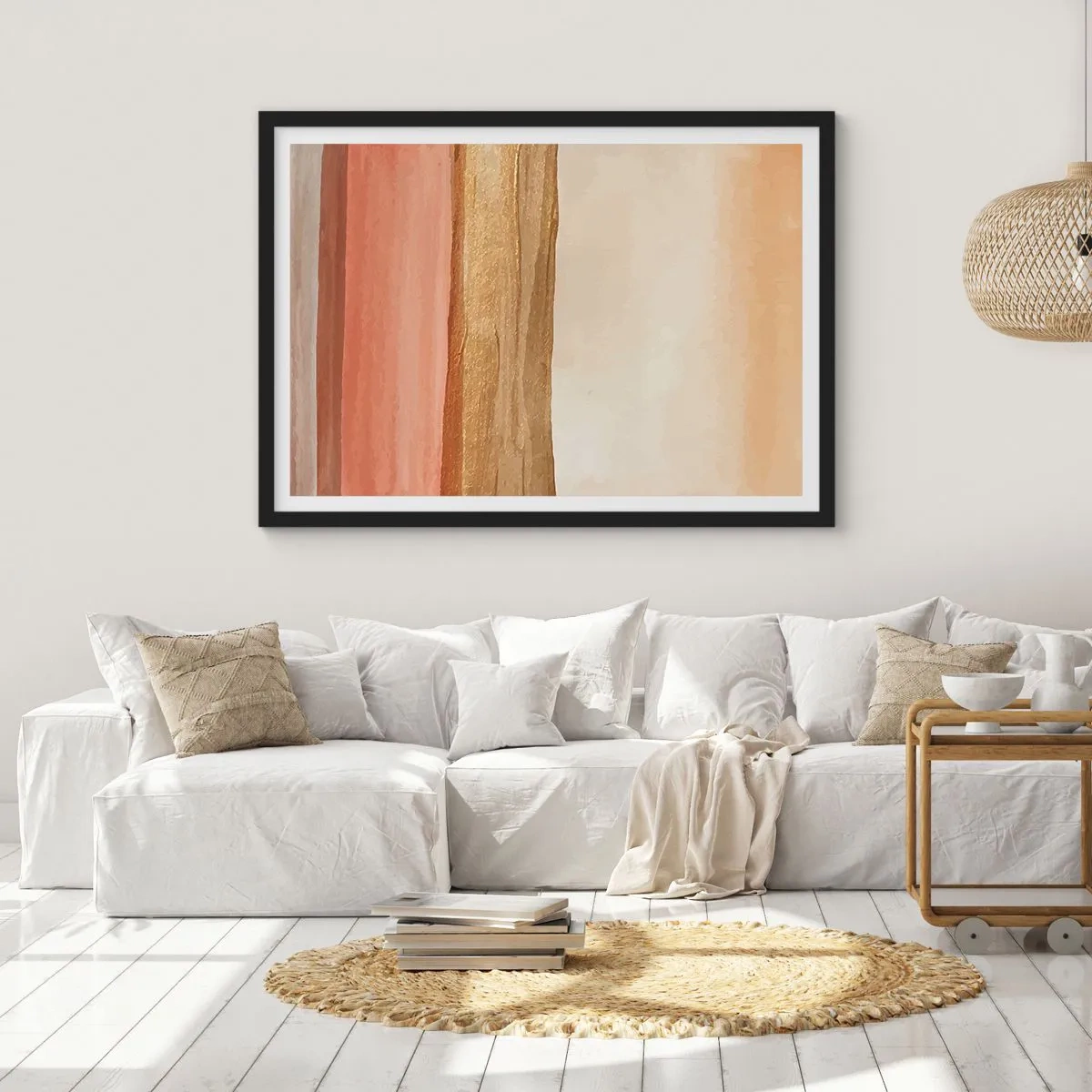 Plakat w czarnej ramie - Abstrakcyjne pasy w odcieniach beżu, złota i różu na płótnie - 70x50cm - Kompozycja wertykalna - Nowoczesna dekoracja ścienna do salonu i sypialni ARTTOR