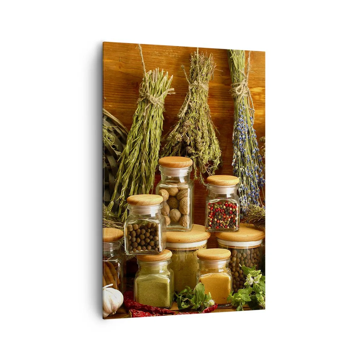 Obraz na płótnie - Zioła i przyprawy w słoikach na rustykalnym tle - 80x120cm - Kuchenne czary - Nowoczesna dekoracja ścienna do salonu i sypialni ARTTOR