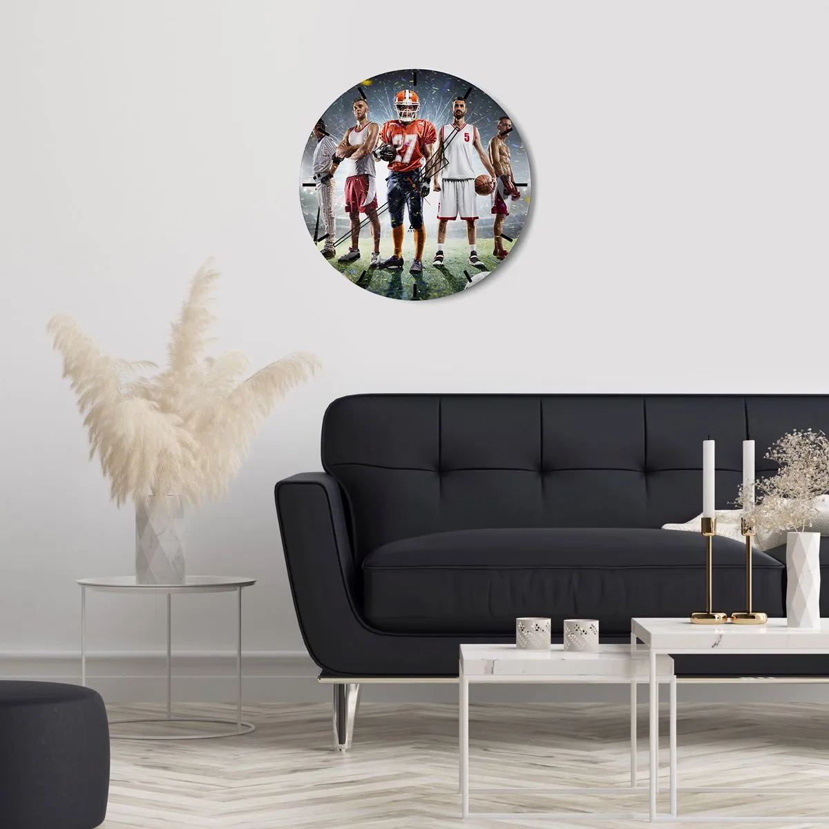 Zegar ścienny - Grupa sportowców na tle stadionu oświetlonego reflektorami - 30x30cm - Gladiatorzy boisk - Nowoczesna dekoracja ścienna do salonu, kuchni i sypialni ARTTOR