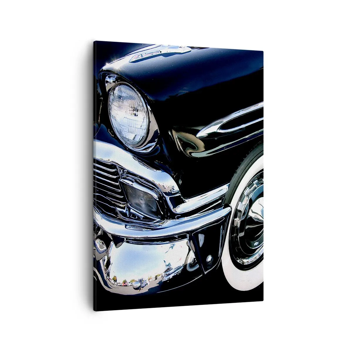 Obraz na płótnie - Przód klasycznego auta w czerni z chromowanymi detalami - 50x70cm - Klasyka w srebrze, czerni i bieli - Nowoczesna dekoracja ścienna do salonu, kuchni i sypialni ARTTOR