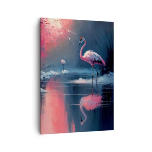 Obraz na płótnie - Malowniczy obraz żurawi nad wodą w otoczeniu różowego światła - 50x70cm - Ptasie ustronie - Nowoczesna dekoracja ścienna do salonu, kuchni i sypialni ARTTOR