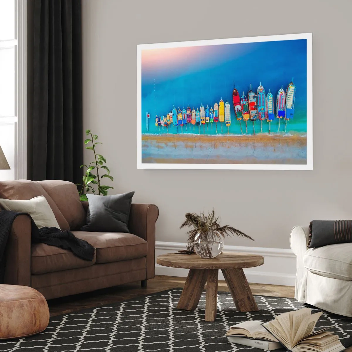 Plakat - Kolorowe łodzie ustawione w rząd nad brzegiem - 100x70cm - Z lotu ptaka - Nowoczesna dekoracja ścienna do salonu i sypialni ARTTOR