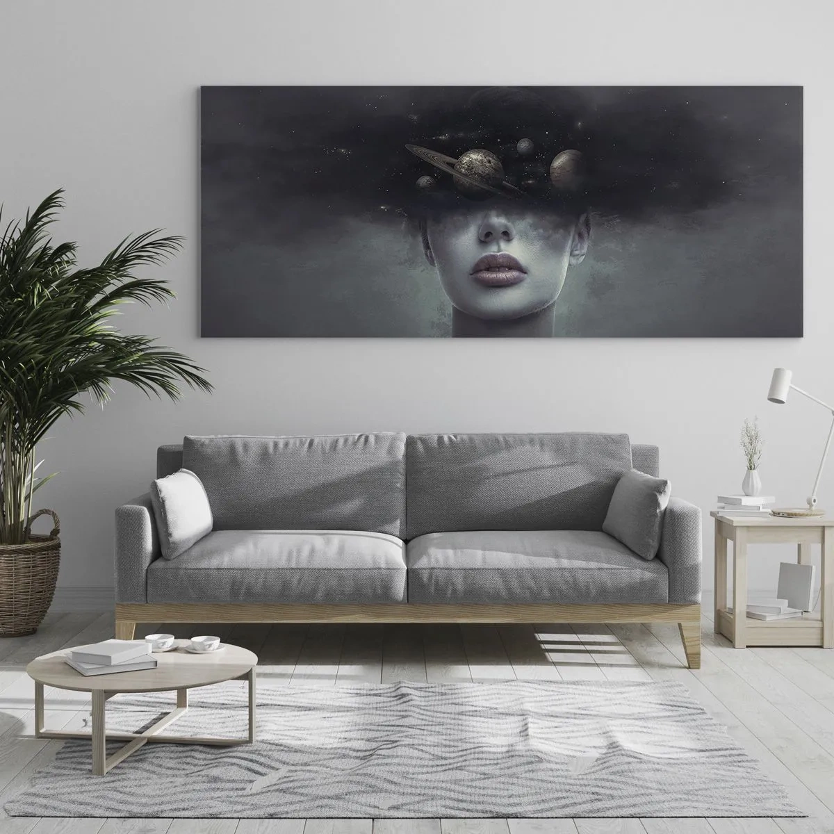 Obraz na szkle - Kobieca twarz z motywem planet i kosmosu w tle - 160x50cm - A planety szaleją… - Nowoczesna dekoracja ścienna do salonu i sypialni ARTTOR