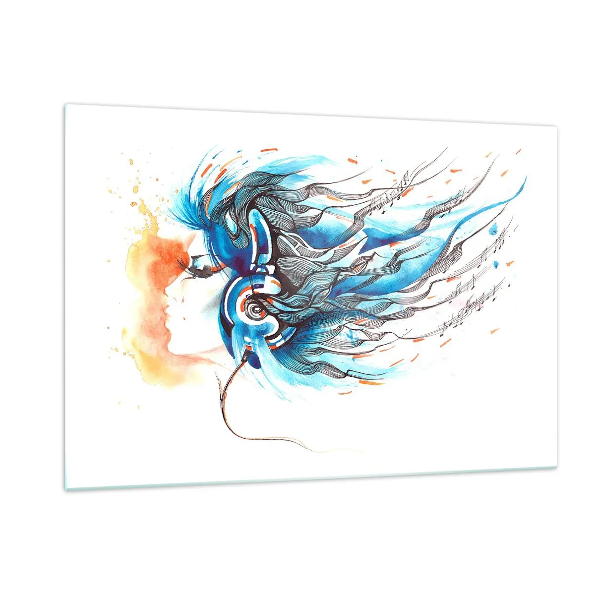 Obraz na szkle - Kobieta z niebieskimi włosami i słuchawkami, w muzycznej ekspresji - 120x80cm - Niech gra muzyka - Nowoczesna dekoracja ścienna do salonu, kuchni i sypialni ARTTOR