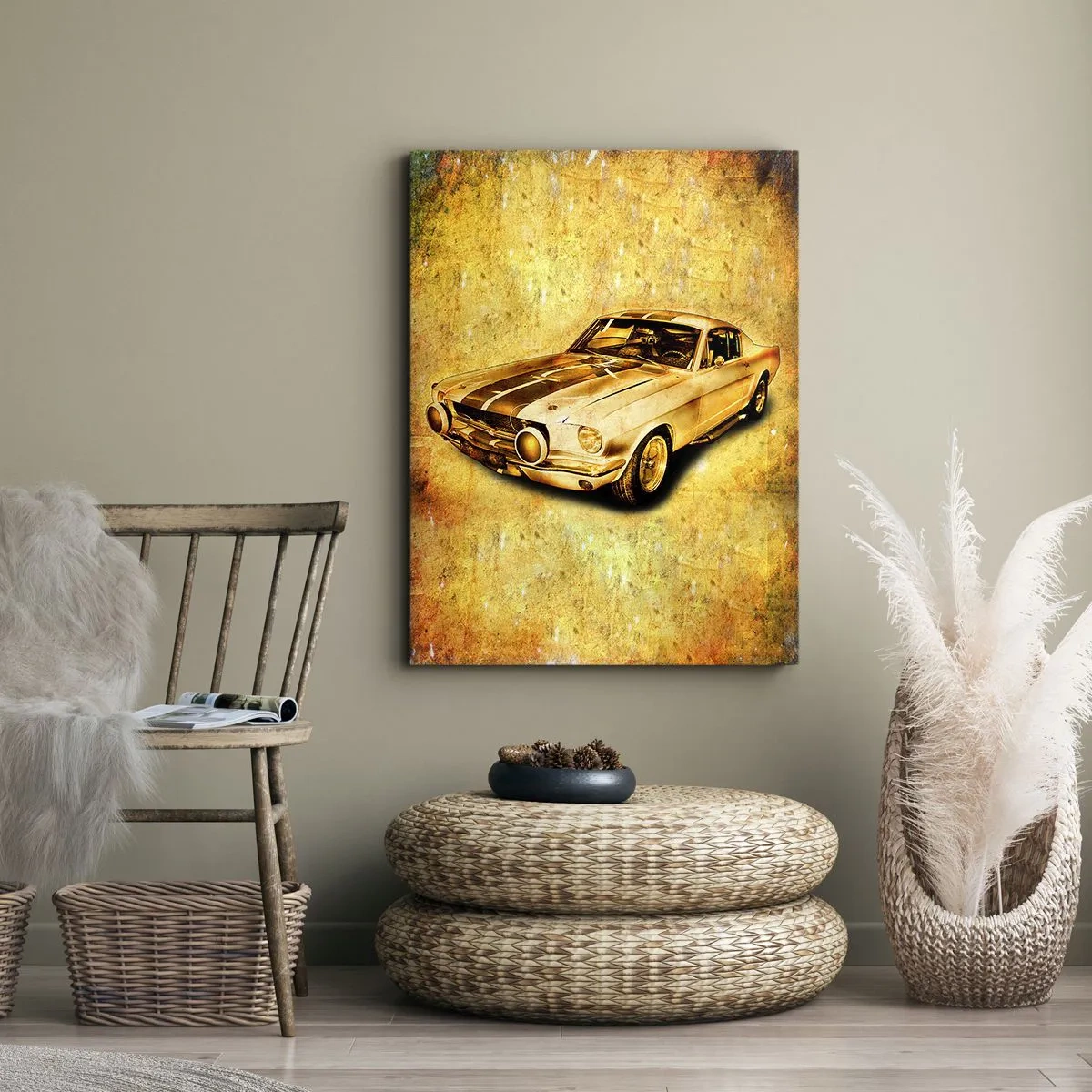 Obraz na płótnie - Klasyczny sportowy samochód retro na tle vintage w złotych odcieniach - 80x120cm - Szalone lata 70. - Nowoczesna dekoracja ścienna do salonu i sypialni ARTTOR