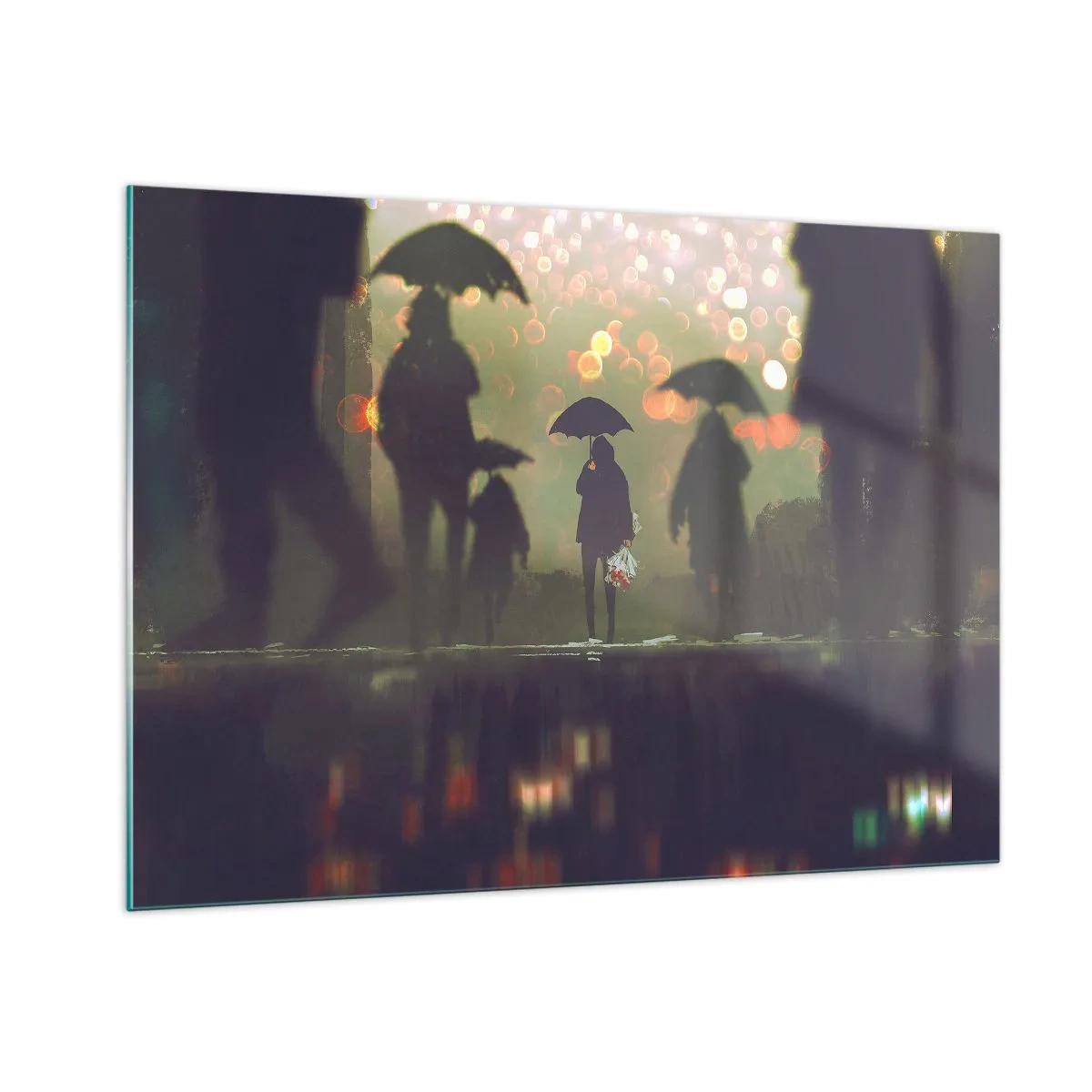 Obraz na szkle - Postacie z parasolami w deszczu na tle świateł miasta - 100x70cm - Z perspektywy kropli deszczu - Nowoczesna dekoracja ścienna do salonu, kuchni i sypialni ARTTOR