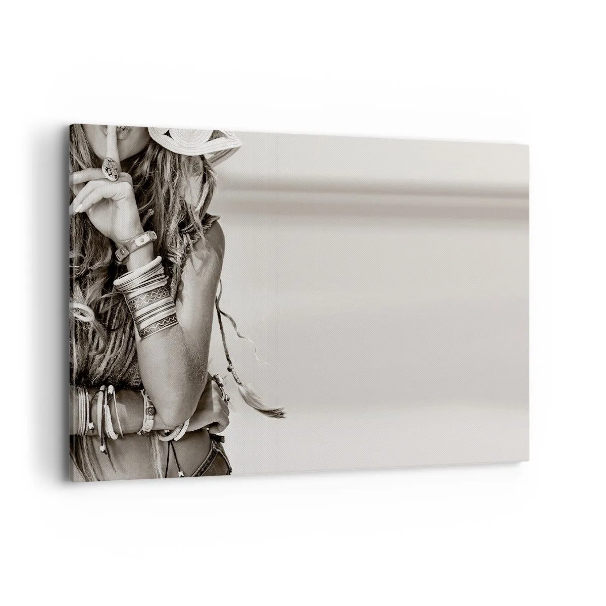 Obraz na płótnie - Portret kobiety w stylu boho z biżuterią - 100x70cm - Jak to dziewczyna - Nowoczesna dekoracja ścienna do salonu, kuchni i sypialni ARTTOR