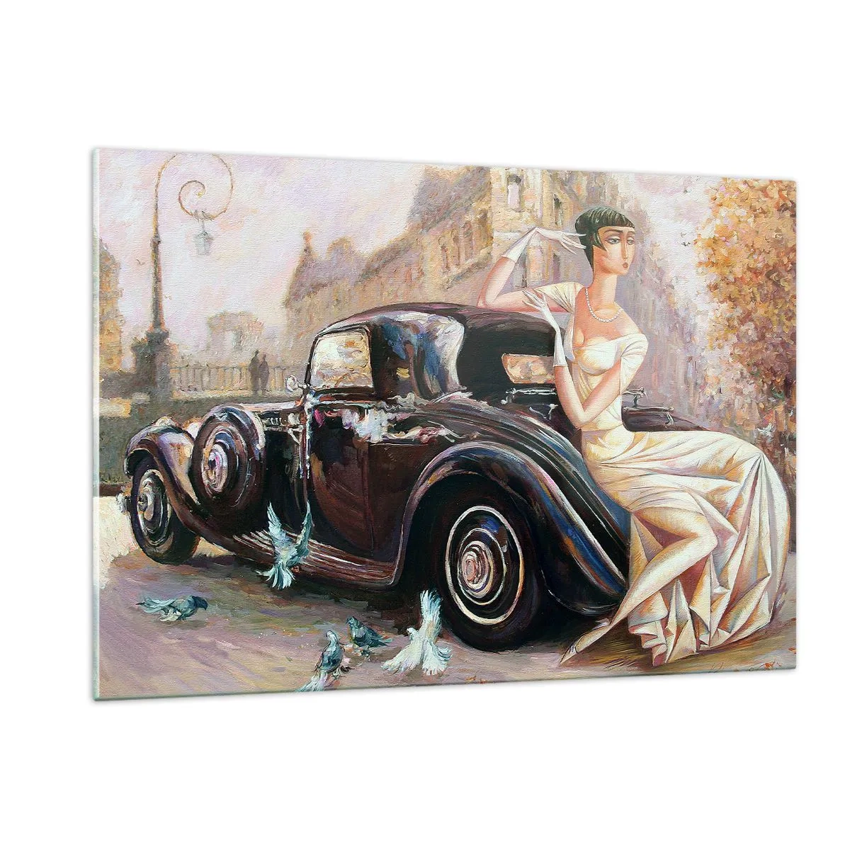 Obraz na szkle - Elegancka kobieta przy retro samochodzie w miejskim otoczeniu - 120x80cm - Elegancja w stylu retro - Nowoczesna dekoracja ścienna do salonu, kuchni i sypialni ARTTOR