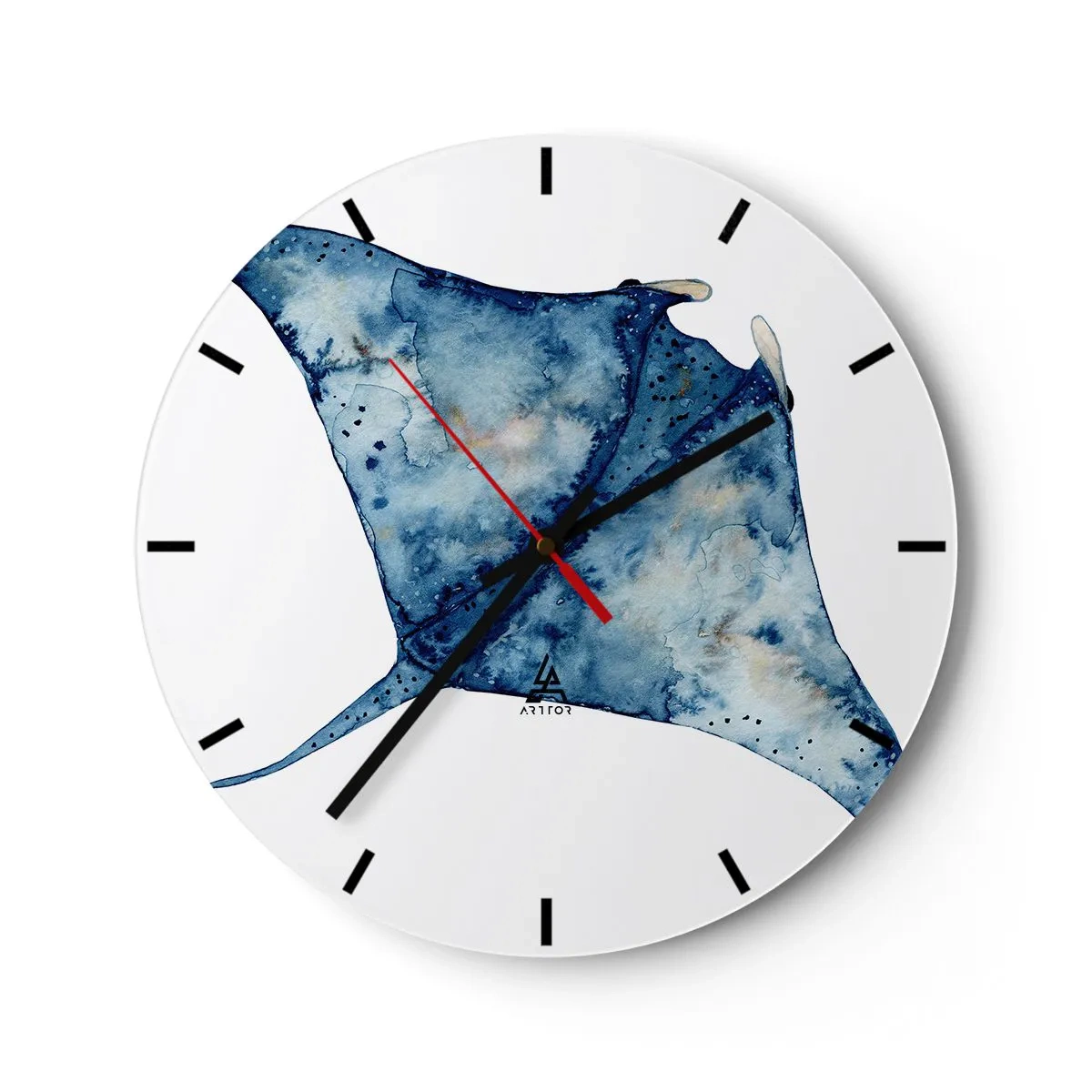 Zegar ścienny - Granatowa manta w akwarelowym stylu na białym tle - 30x30cm - Życie w błękicie - Nowoczesna dekoracja ścienna do salonu, kuchni i sypialni ARTTOR