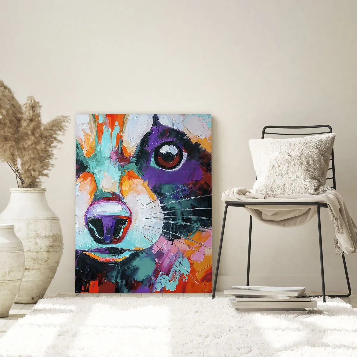 Obraz na szkle - A vibrant and colorful portrait of a raccoon painted in bold brushstrokes - 50x70cm - Tylko dobre emocje - Nowoczesna dekoracja ścienna do salonu, kuchni i sypialni ARTTOR