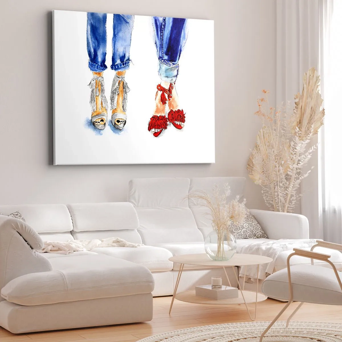 Obraz na płótnie - Ilustracja dwóch par butów w stylowych sandałach i dżinsach - 70x50cm - Może pójdziemy na spacer? - Nowoczesna dekoracja ścienna do salonu i sypialni ARTTOR