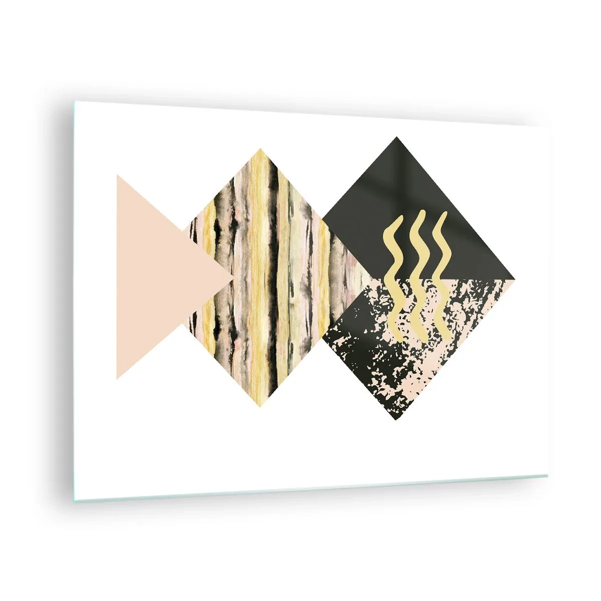 Obraz na szkle - Abstrakcyjna kompozycja geometryczna z trójkątami i teksturami - 70x50cm - Nie takie proste - Nowoczesna dekoracja ścienna do salonu i sypialni ARTTOR