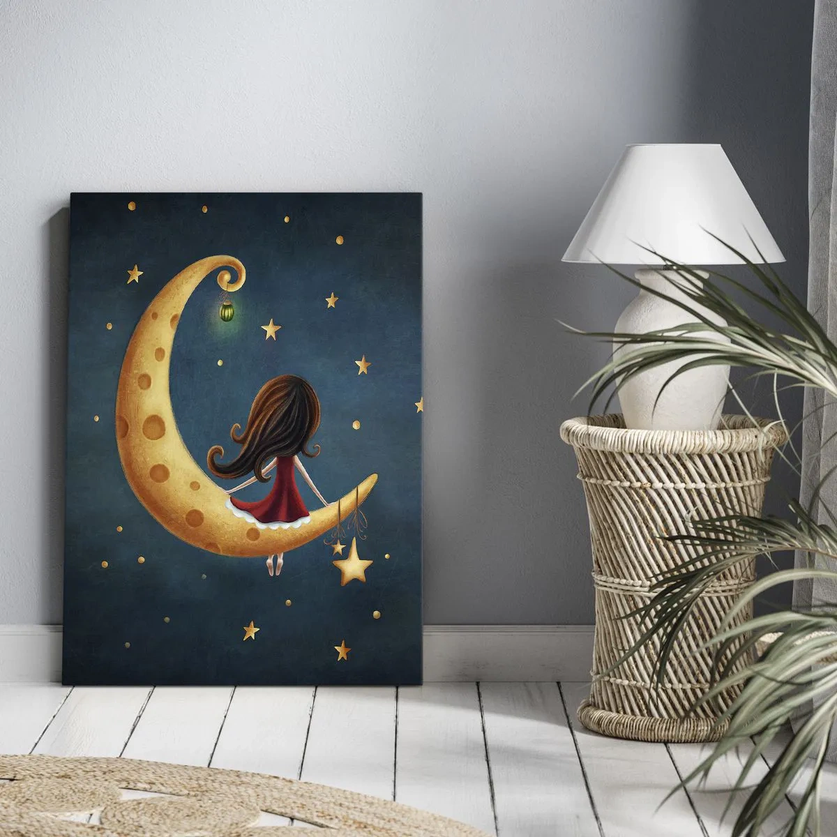 Obraz na płótnie - Dziewczynka w czerwonej sukience siedząca na księżycu wśród gwiazd - 50x70cm - Pewnego razu… - Nowoczesna dekoracja ścienna do salonu, kuchni i sypialni ARTTOR