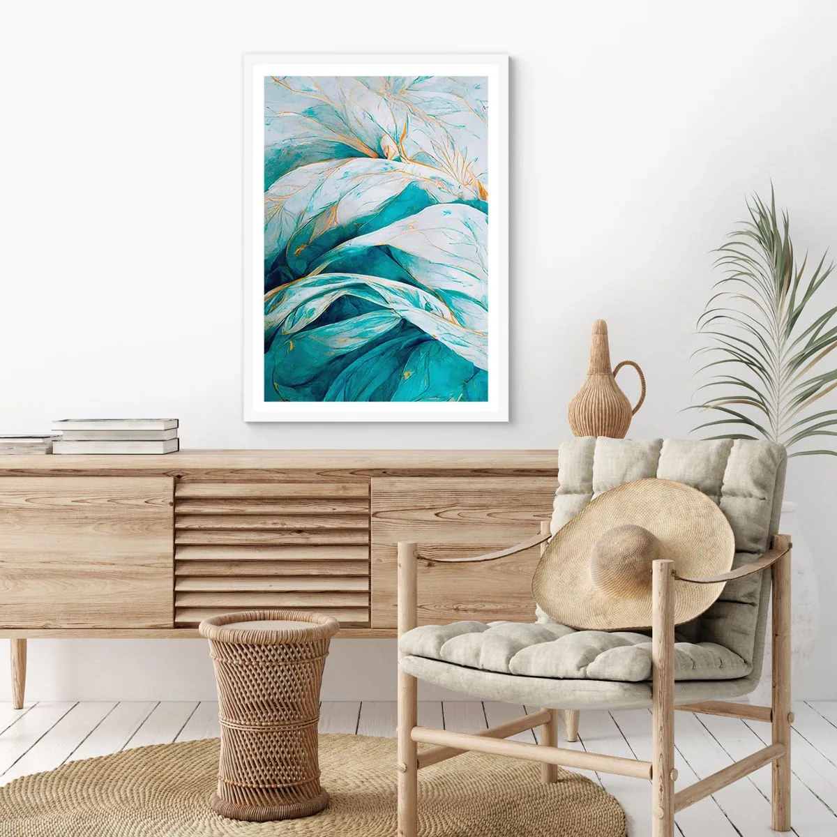 Plakat w białej ramie - Błękitna abstrakcja z motywem złota - 70x100 cm