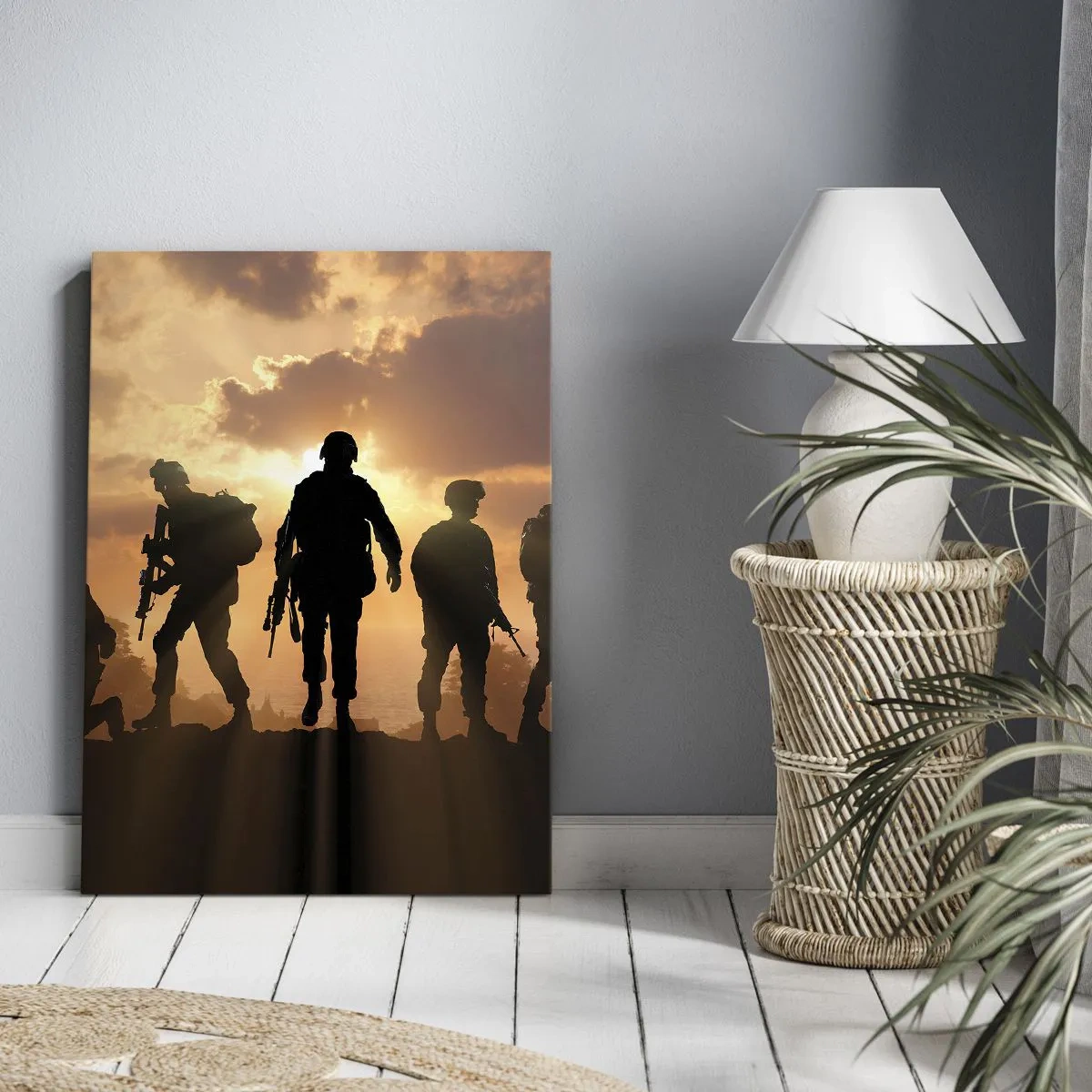 Obraz na płótnie - Sylwetki żołnierzy w świetle zachodzącego słońca - 50x70cm - Brothers in arms - Nowoczesna dekoracja ścienna do salonu, kuchni i sypialni ARTTOR