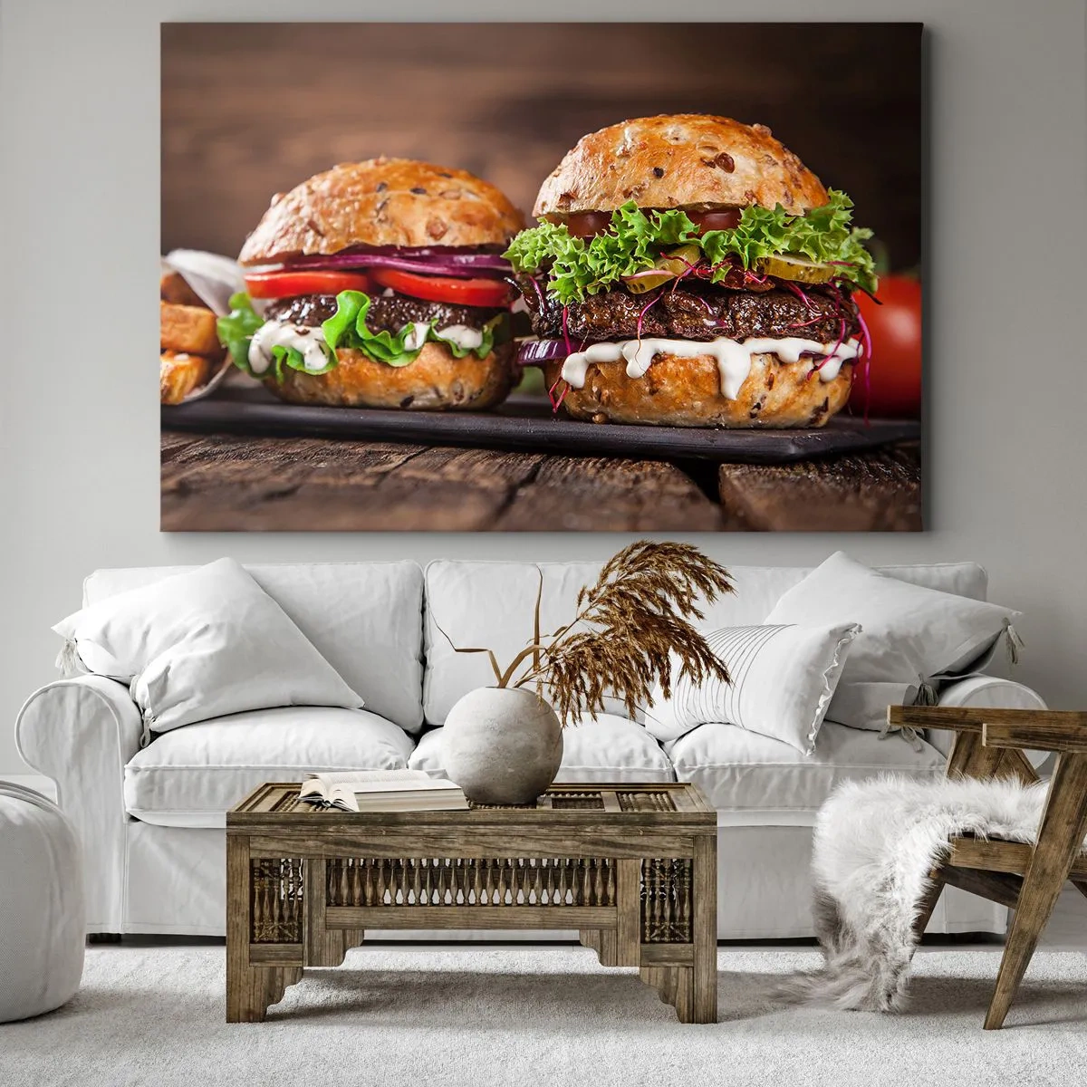 Obraz na płótnie - Apetyczne burgery z warzywami i sosem - 100x70cm - American dream - Nowoczesna dekoracja ścienna do salonu, kuchni i sypialni ARTTOR