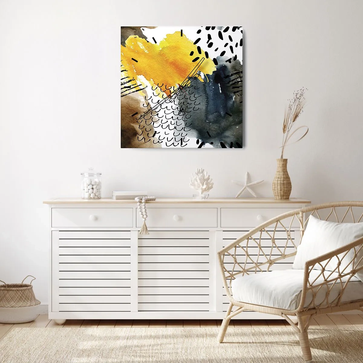 Zegar ścienny - Abstrakcyjna kompozycja z żółtymi akcentami i graficznymi wzorami - 30x30cm - Spotkanie żywiołów - Nowoczesna dekoracja ścienna do salonu i sypialni ARTTOR