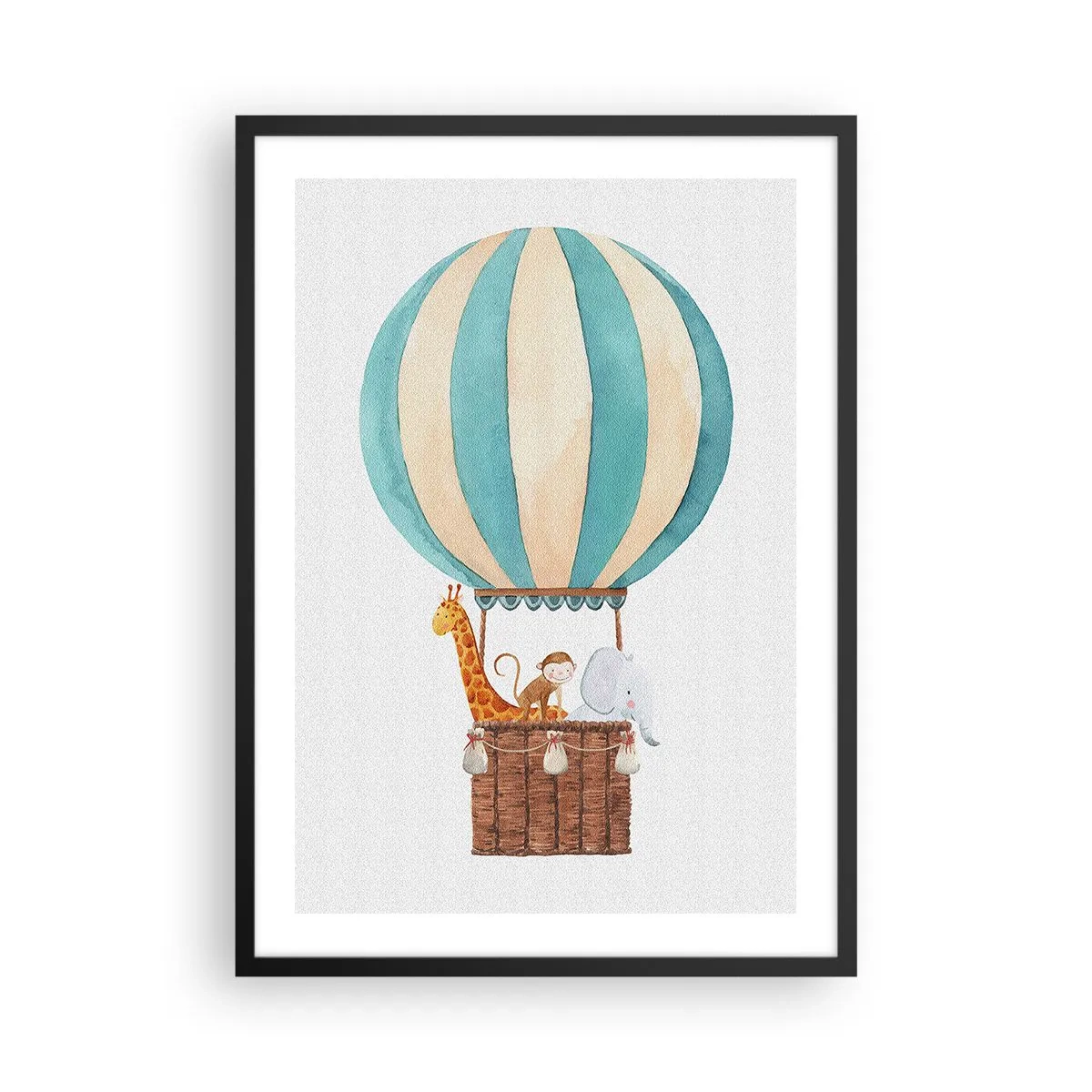 Plakat w czarnej ramie - Akwarelowa ilustracja balonu na gorące powietrze z uroczymi zwierzętami - 50x70cm - Fantastyczna wycieczka - Nowoczesna dekoracja ścienna do salonu i sypialni ARTTOR