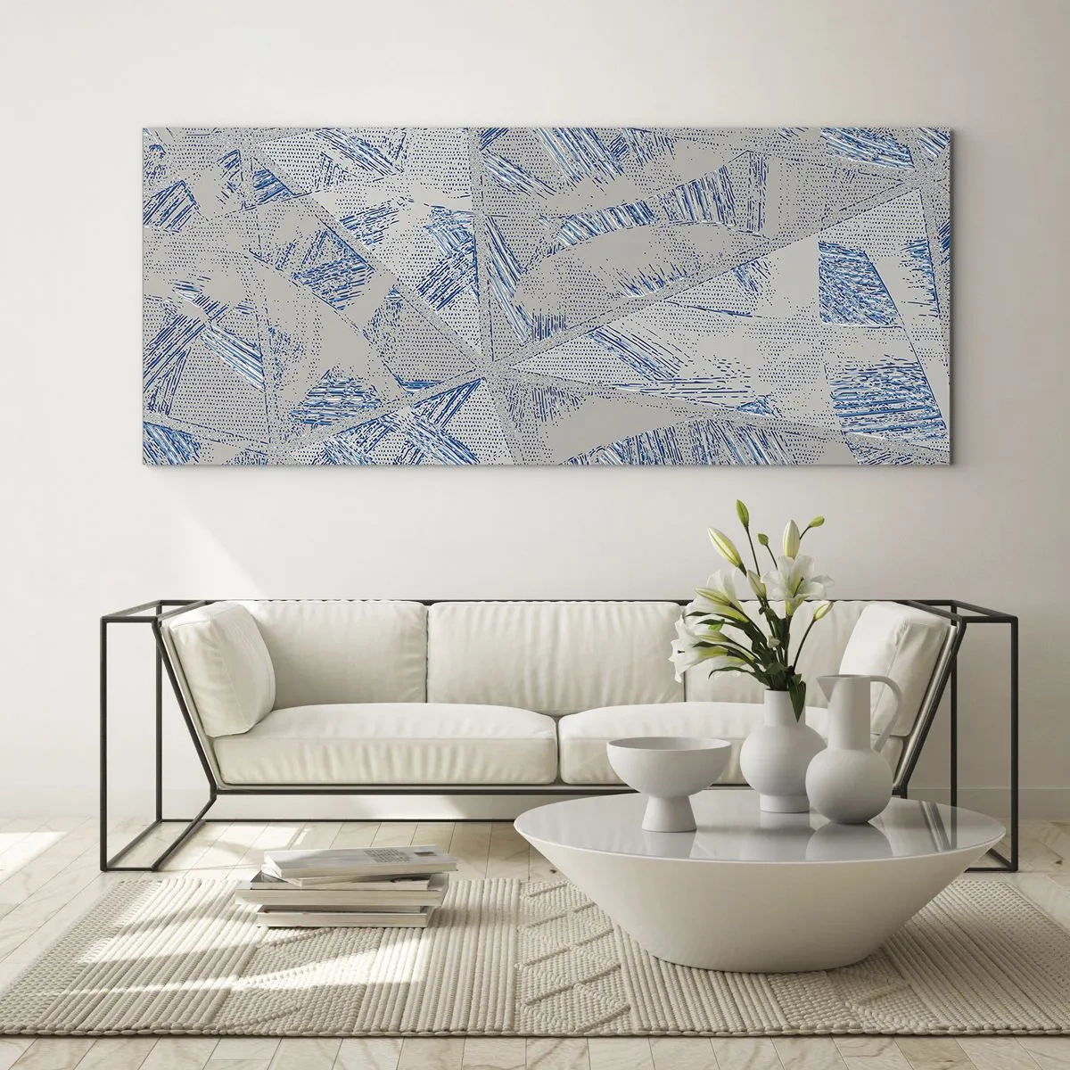 Obraz na szkle - Geometryczne wzory w odcieniach błękitu i szarości - 120x50cm - W szaroniebieskim labiryncie - Nowoczesna dekoracja ścienna do salonu i sypialni ARTTOR
