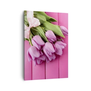 Obraz na płótnie - Bukiet różowych tulipanów na drewnianym tle - 50x70cm - Właśnie dla ciebie - Nowoczesna dekoracja ścienna do salonu, kuchni i sypialni ARTTOR