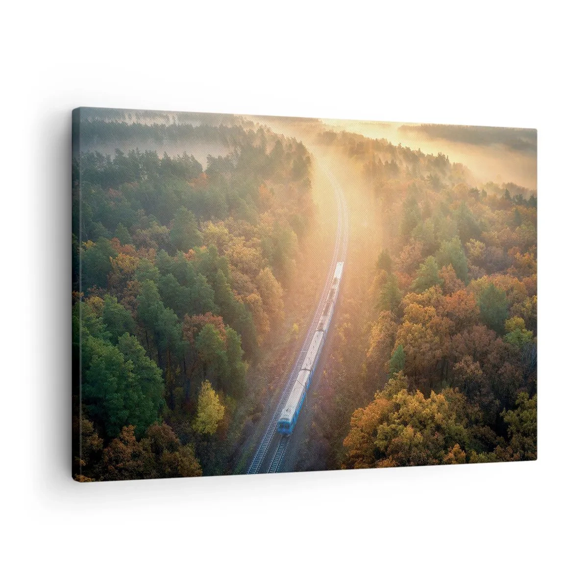 Obraz na płótnie - Pociąg w jesiennym lesie o świcie - 70x50cm - Jesienna podróż - Nowoczesna dekoracja ścienna do salonu i sypialni ARTTOR