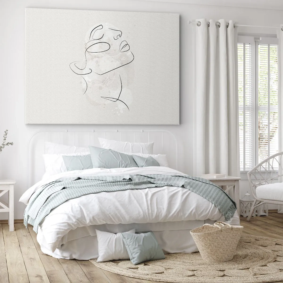 Obraz na płótnie - Minimalistyczny szkic twarzy na jasnym tle - 100x70cm - Zarys marzenia - Nowoczesna dekoracja ścienna do salonu, kuchni i sypialni ARTTOR