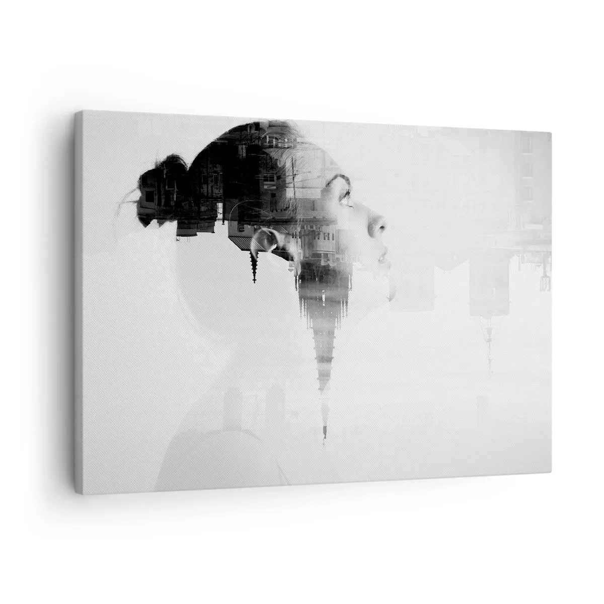Obraz na płótnie - Portret kobiety z konturami miasta w tle, czarno-białe barwy - 70x50cm - Po dwóch stronach szyby - Nowoczesna dekoracja ścienna do salonu i sypialni ARTTOR