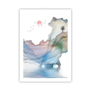 Plakat - Kolorowe, warstwowe góry nad spokojnym jeziorem z drzewem - 50x70cm - Ku kryształowym górom - Nowoczesna dekoracja ścienna do salonu, kuchni i sypialni ARTTOR