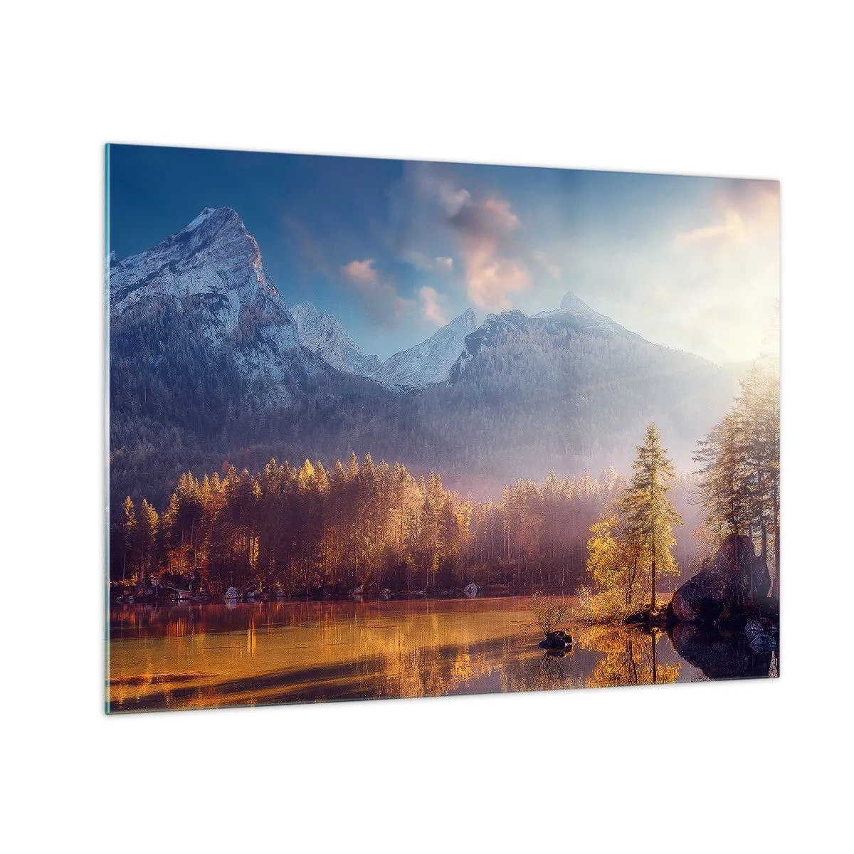 Obraz na szkle - Złote światło poranka nad górskim jeziorem otoczonym lasem - 70x50cm - W górach i dolinach - Nowoczesna dekoracja ścienna do salonu i sypialni ARTTOR