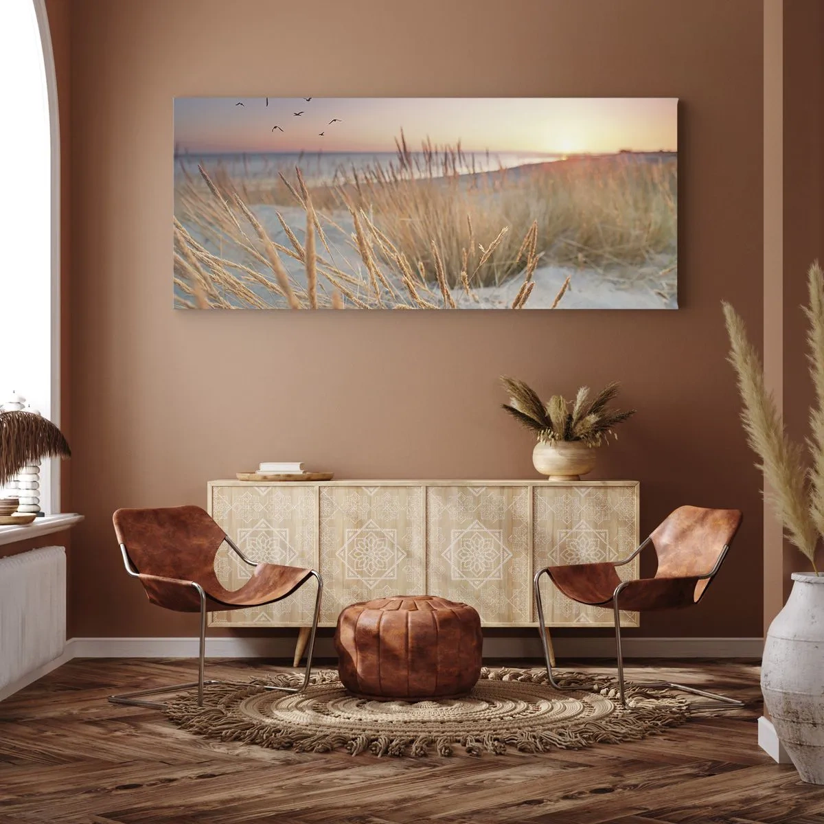 Obraz na płótnie - Plaża o zachodzie słońca z wysokimi trawami - 160x50cm - Bałtycka kołysanka - Nowoczesna dekoracja ścienna do salonu i sypialni ARTTOR