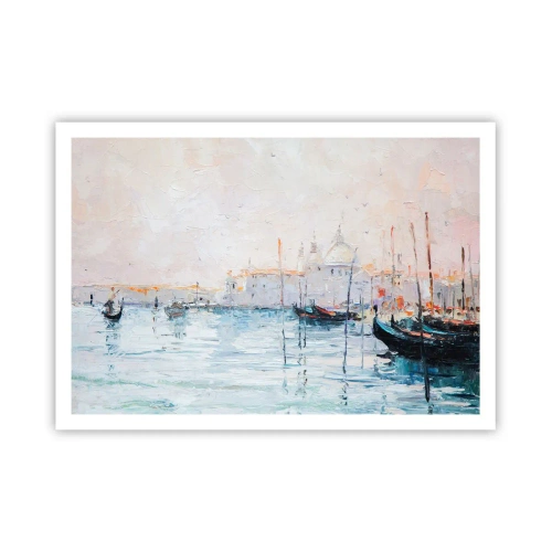 Plakat - Malowniczy widok na kanały z łodziami w pastelowych kolorach - 100x70cm - Za wodą, za mgłą - Nowoczesna dekoracja ścienna do salonu i sypialni ARTTOR
