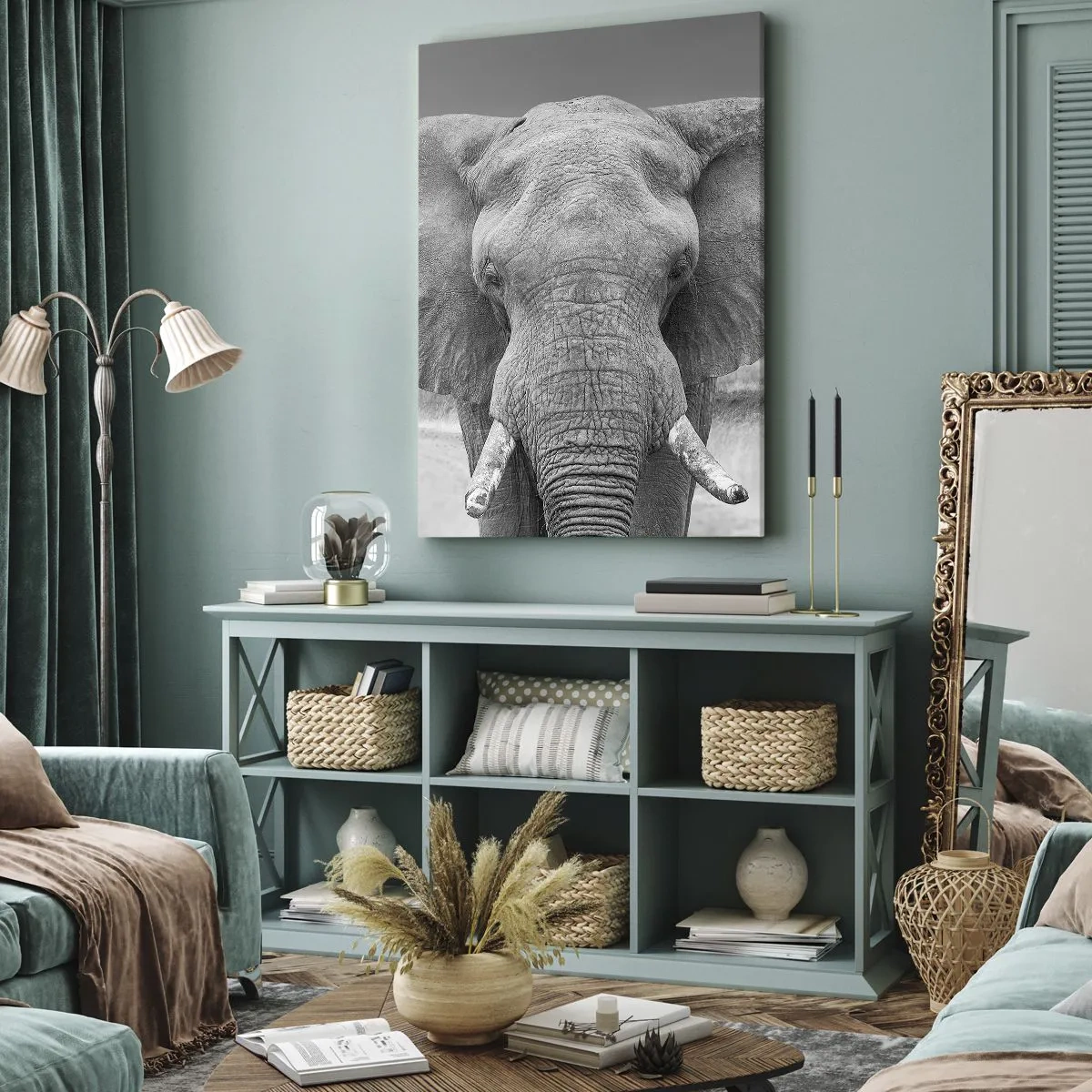 Obraz na płótnie - Czarno-białe zbliżenie na głowę słonia - 50x70cm - Witaj w moim świecie - Nowoczesna dekoracja ścienna do salonu, kuchni i sypialni ARTTOR