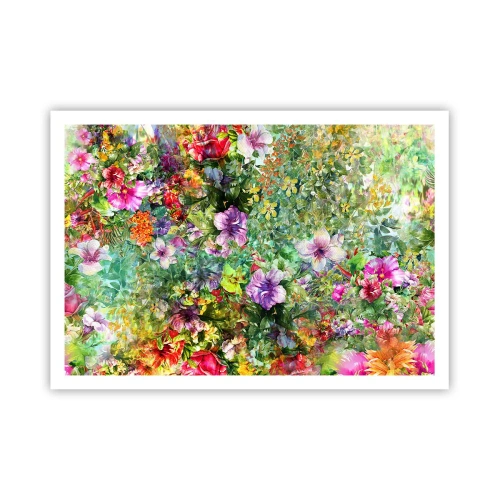 Plakat - Kolorowa kompozycja kwiatów na zielonym tle - 100x70cm - W kwiaty na zatracenie - Nowoczesna dekoracja ścienna do salonu i sypialni ARTTOR