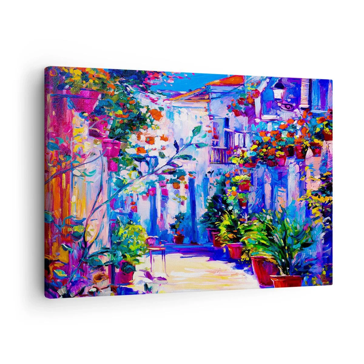 Obraz na płótnie - Kolorowa uliczka pełna kwiatów - 70x50cm - Impresja - włoska uliczka - Nowoczesna dekoracja ścienna do salonu i sypialni ARTTOR