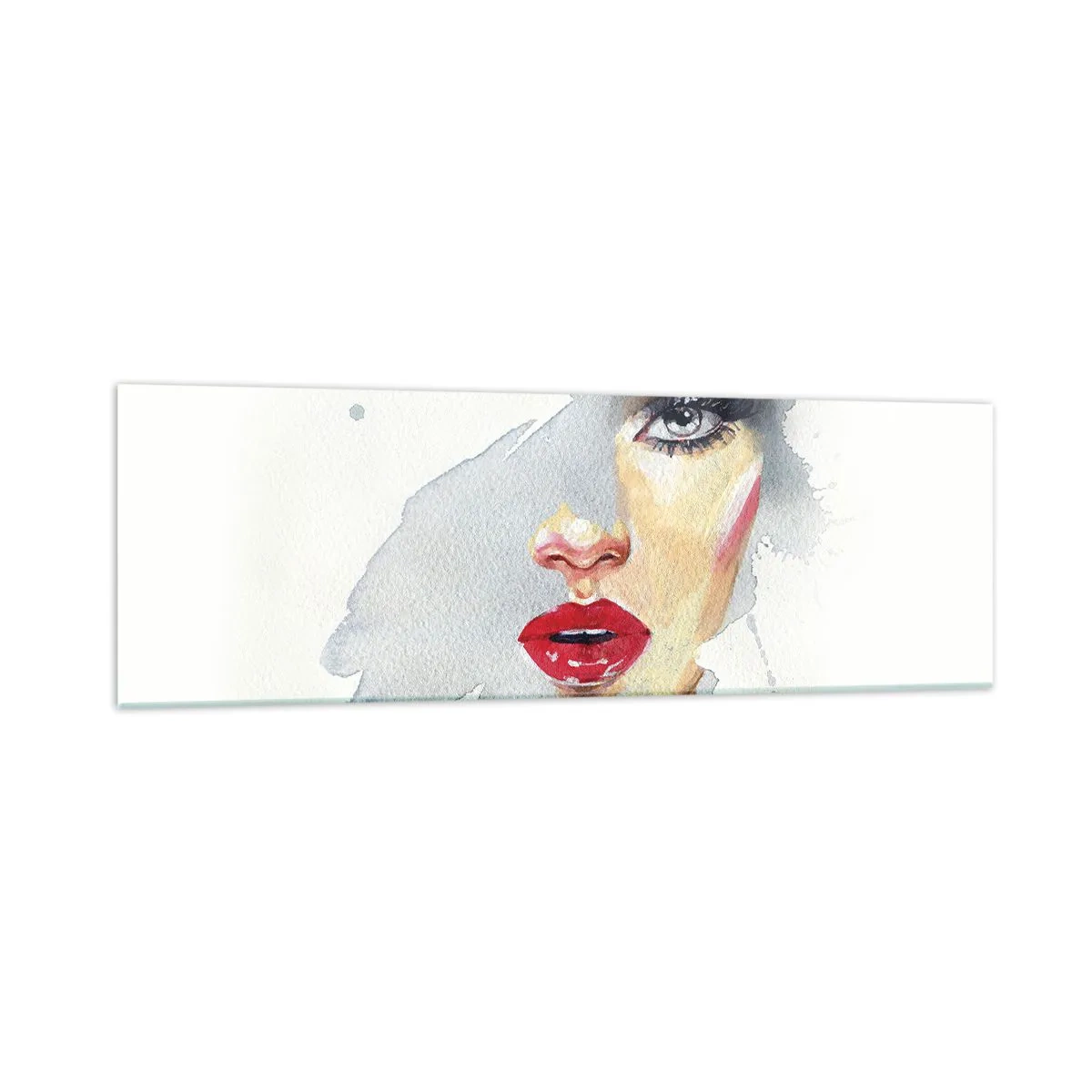 Obraz na szkle - Portret kobiety w akwarelowym stylu z intensywnym spojrzeniem - 160x50cm - Odbicie w kropli wody - Nowoczesna dekoracja ścienna do salonu i sypialni ARTTOR