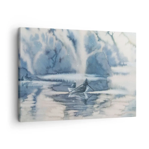Obraz na płótnie - Akwarelowy krajobraz z łodziami na jeziorze otoczonym mglistym lasem - 70x50cm - Wędkarze w swoim raju - Nowoczesna dekoracja ścienna do salonu i sypialni ARTTOR