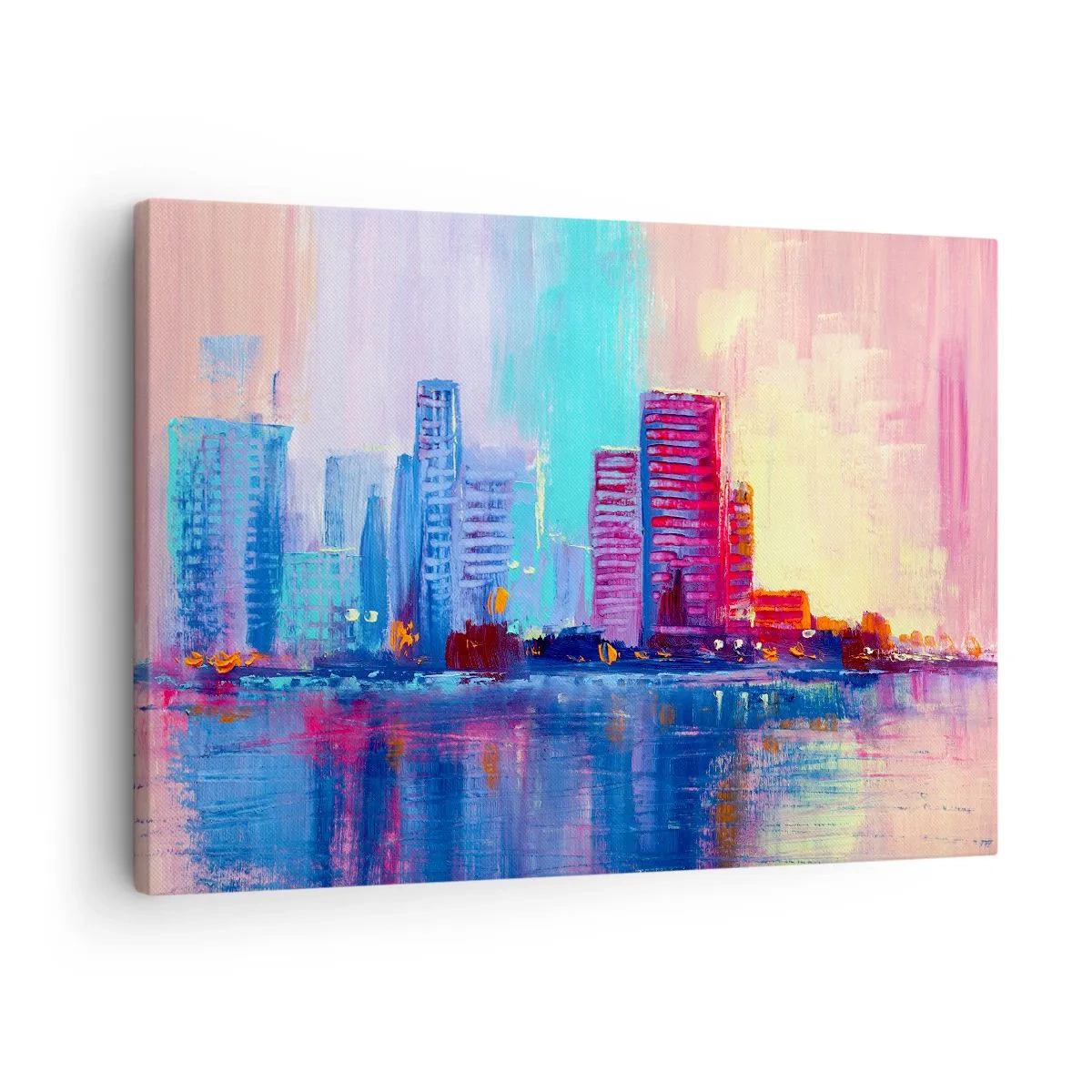 Obraz na płótnie - Kolorowa panorama miasta w akwarelowym stylu - 70x50cm - Skąpane w barwach - Nowoczesna dekoracja ścienna do salonu i sypialni ARTTOR