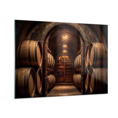 Obraz na szkle - Winnica z beczkami i oświetloną piwnicą pełną butelek - 70x50cm - Klimatyczna piwnica - Nowoczesna dekoracja ścienna do salonu i sypialni ARTTOR