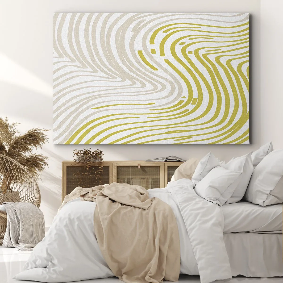 Obraz na płótnie - Abstrakcyjny wzór z falującymi liniami w odcieniach żółci i beżu - 70x50cm - Kompozycja z łagodnym ugięciem - Nowoczesna dekoracja ścienna do salonu i sypialni ARTTOR