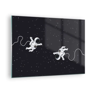 Obraz na szkle - Dwóch astronautów unoszących się w przestrzeni kosmicznej - 70x50cm - Kosmiczny pląs - Nowoczesna dekoracja ścienna do salonu i sypialni ARTTOR