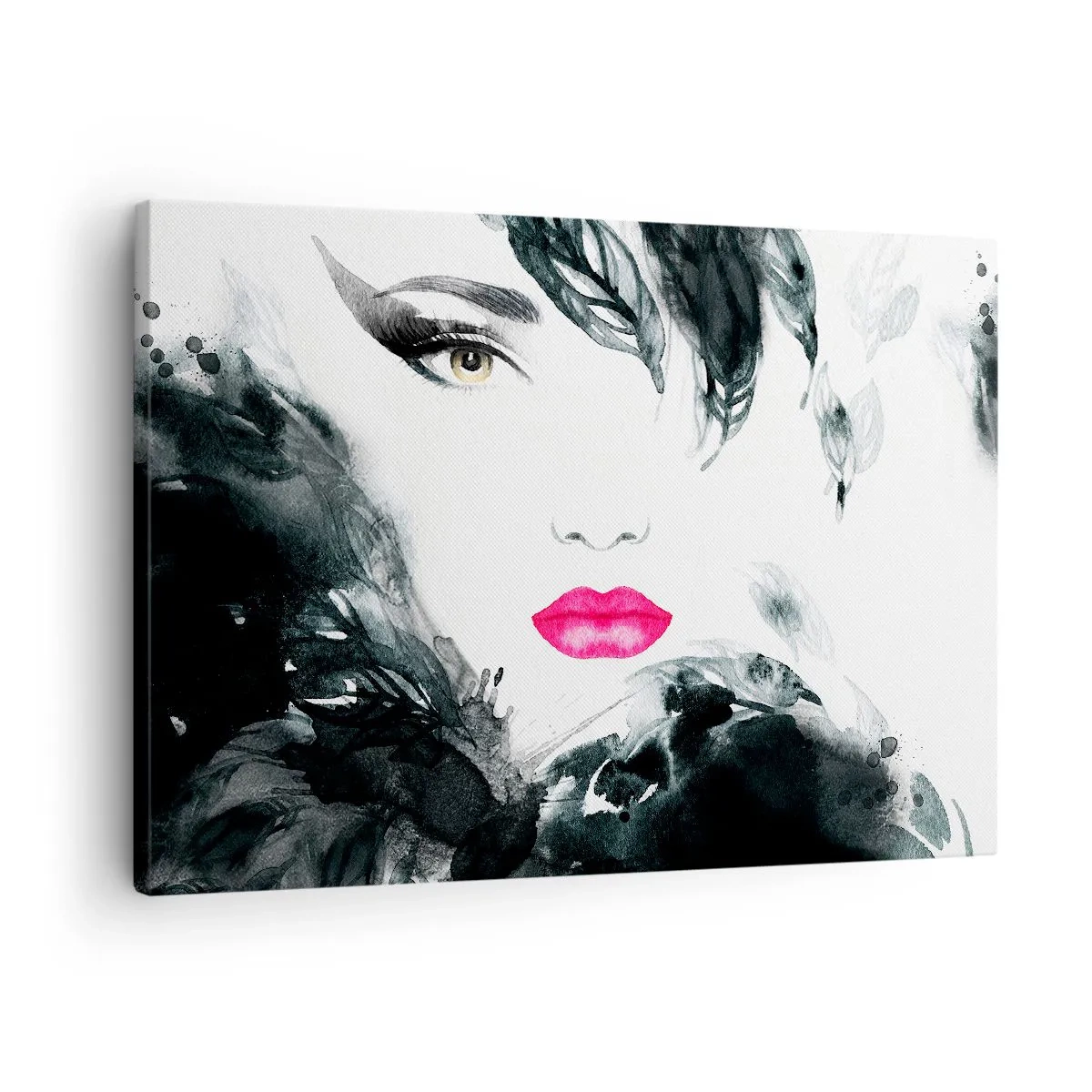 Obraz na płótnie - Artystyczny portret kobiety z intensywnie różowymi ustami - 70x50cm - Uwaga! Femme fatale - Nowoczesna dekoracja ścienna do salonu i sypialni ARTTOR