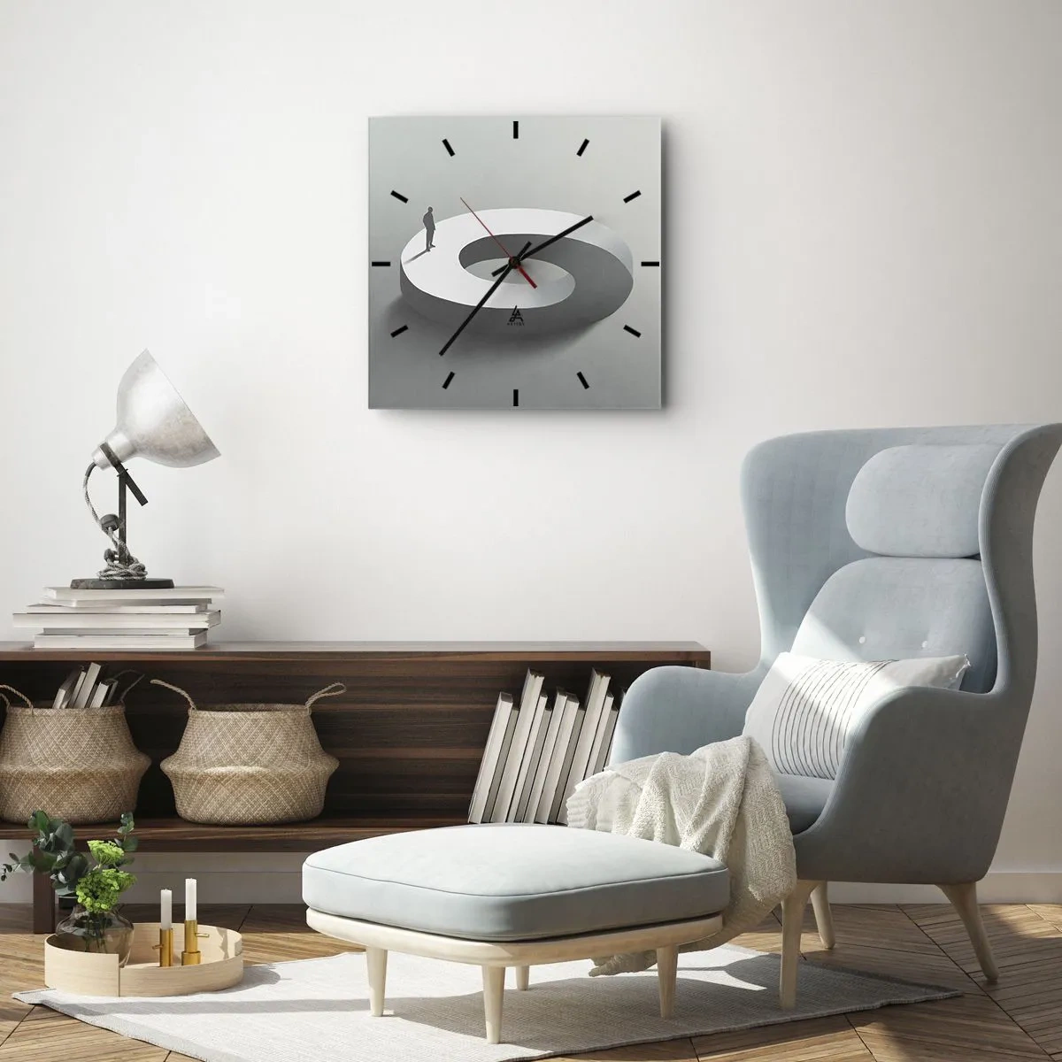 Zegar ścienny - Człowiek na szarej, abstrakcyjnej konstrukcji - 30x30cm - I bądź tu mądry - Nowoczesna dekoracja ścienna do salonu i sypialni ARTTOR