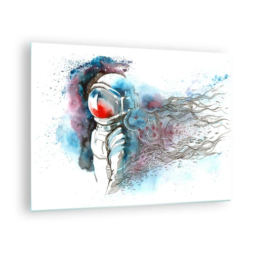 Obraz na szkle - Astronauta w dynamicznej akwarelowej scenerii kosmicznej - 70x50cm - Sam na sam z kosmosem - Nowoczesna dekoracja ścienna do salonu i sypialni ARTTOR