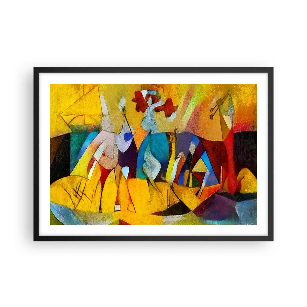 Plakat w czarnej ramie - Kolorowa abstrakcja przedstawiająca postacie w geometrycznej formie - 70x50cm - Słońce - życie - radość - Nowoczesna dekoracja ścienna do salonu i sypialni ARTTOR