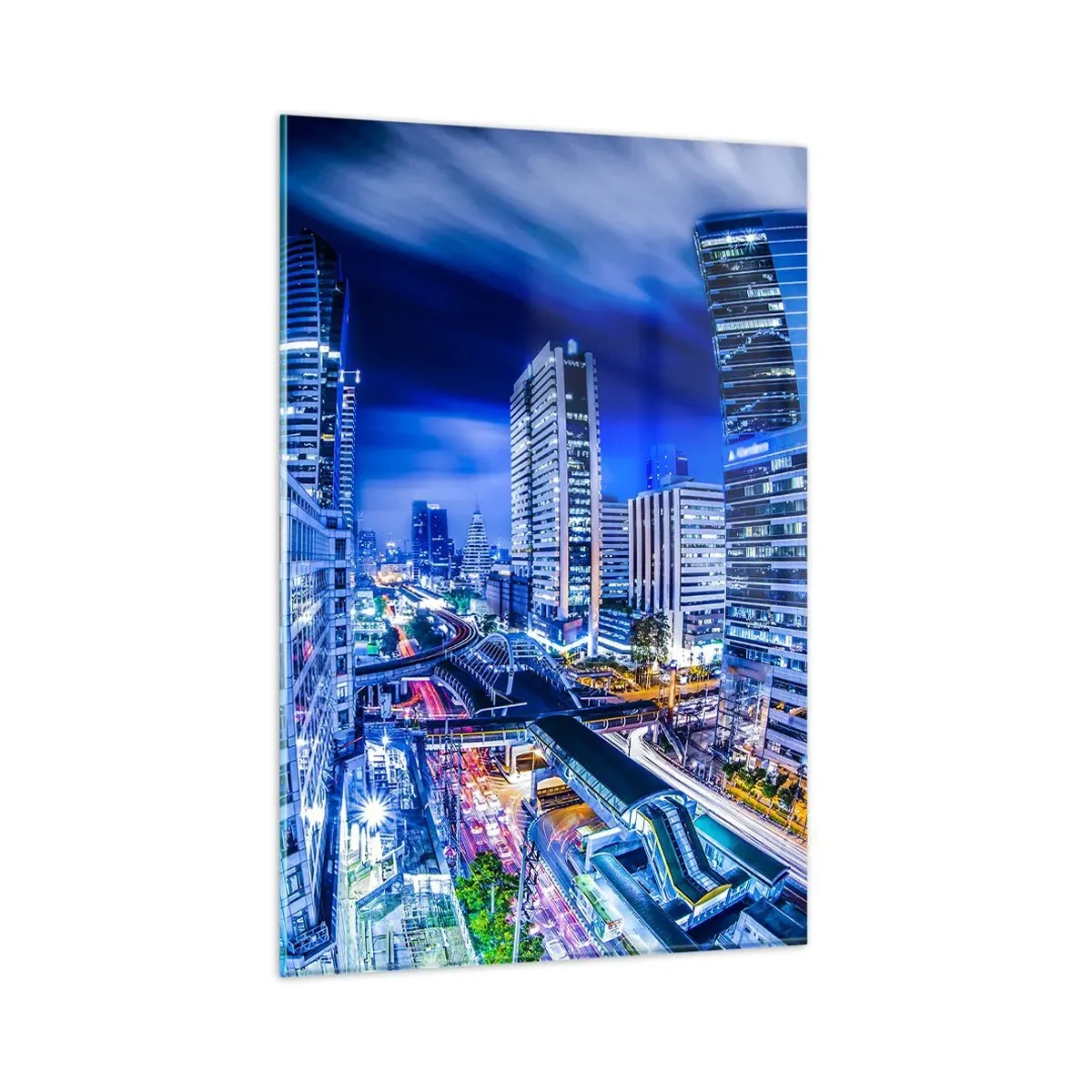 Obraz na szkle - Nocna panorama miasta z drapaczami chmur i światłami ulic - 80x120cm - Rytmy nocnego miasta - Nowoczesna dekoracja ścienna do salonu i sypialni ARTTOR